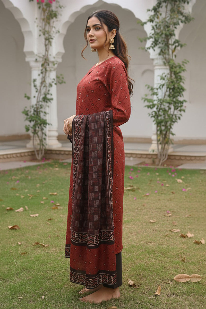 Red Cotton Blend Geometric Printed Straight Kurta Trousers With Dupatta | SHOBITAM