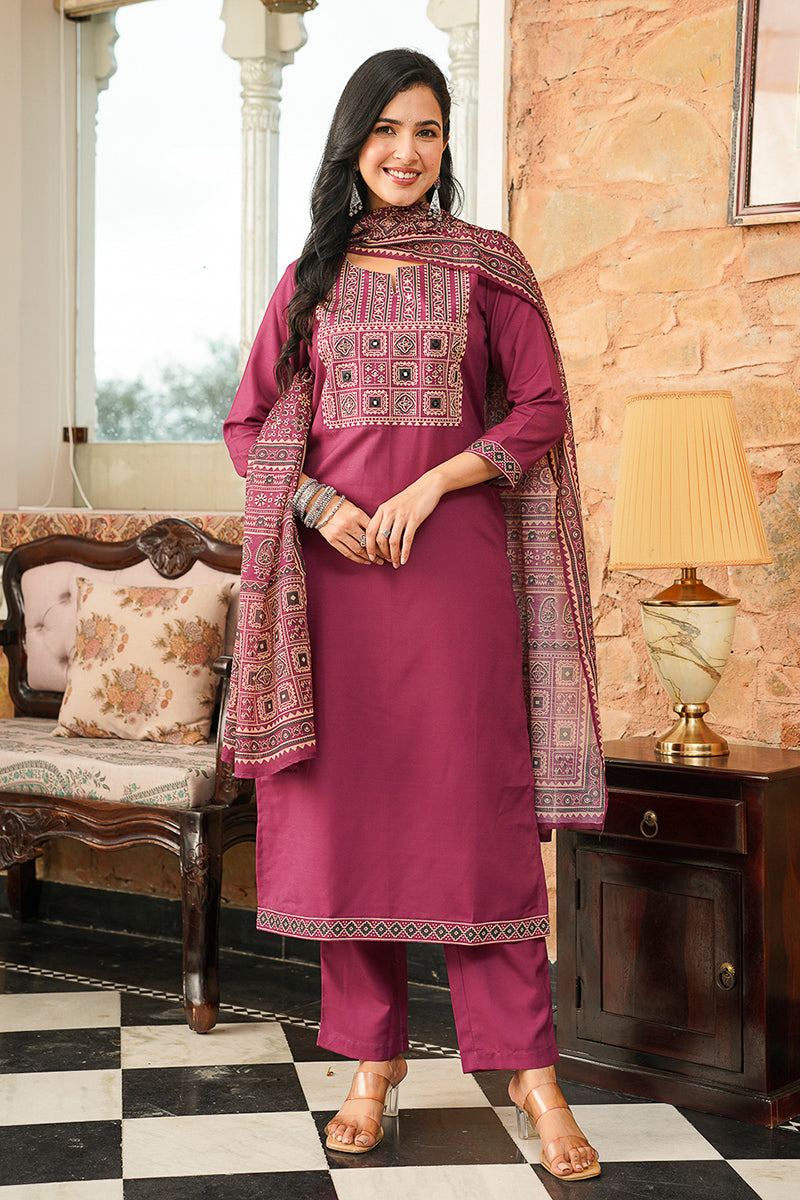 Purple Cotton Blend Ajrakh Printed Straight Kurta Trousers With Dupatta | SHOBITAM