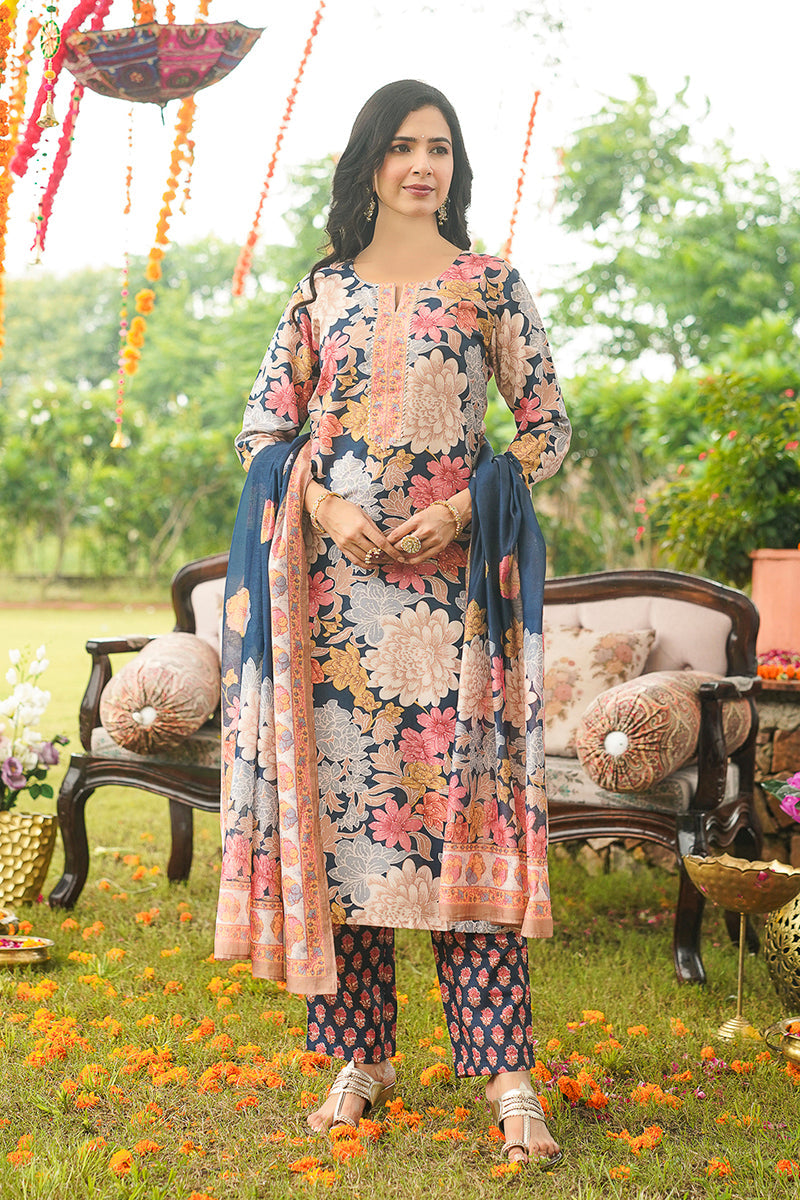 Blue Cotton Blend Floral Printed Straight Kurta Trousers With Dupatta | SHOBITAM