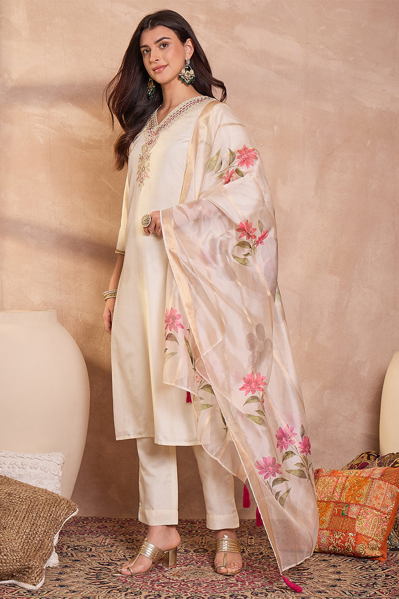 Off White Silk Blend Solid Embroidered Straight Kurta Trouser With Dupatta | SHOBITAM