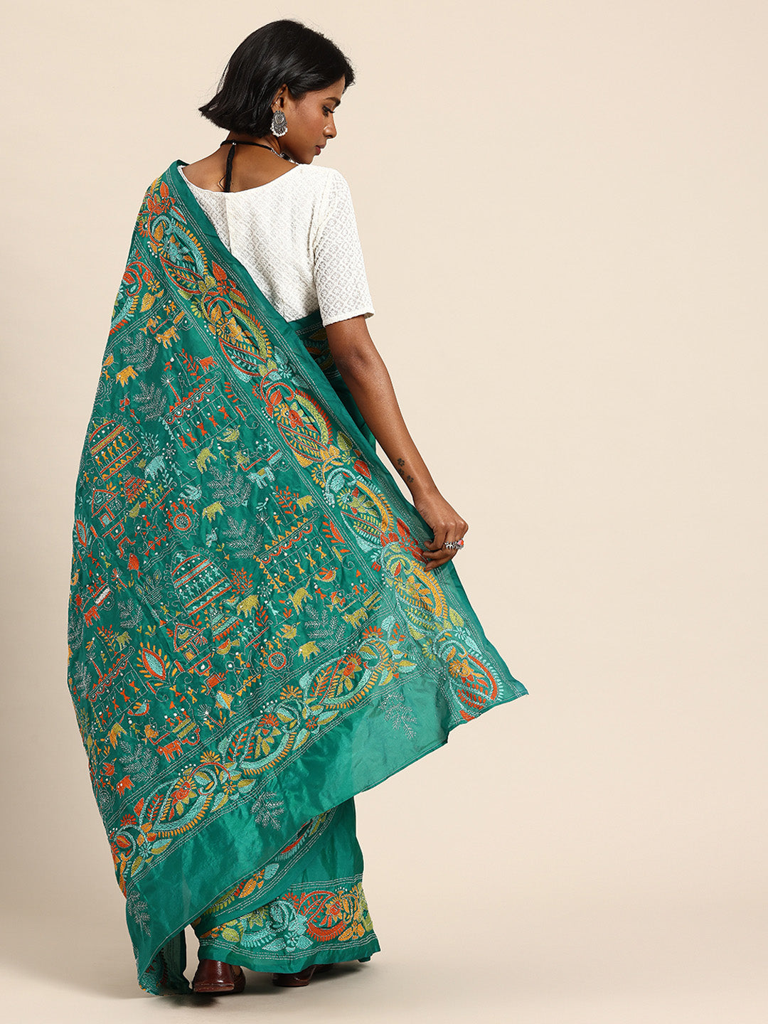 Green Art Silk Kantha Saree with Blouse piece | SHOBITAM
