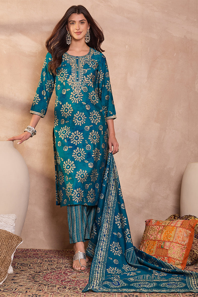Blue Rayon Blend Floral Printed Straight Kurta Trouser With Dupatta | SHOBITAM