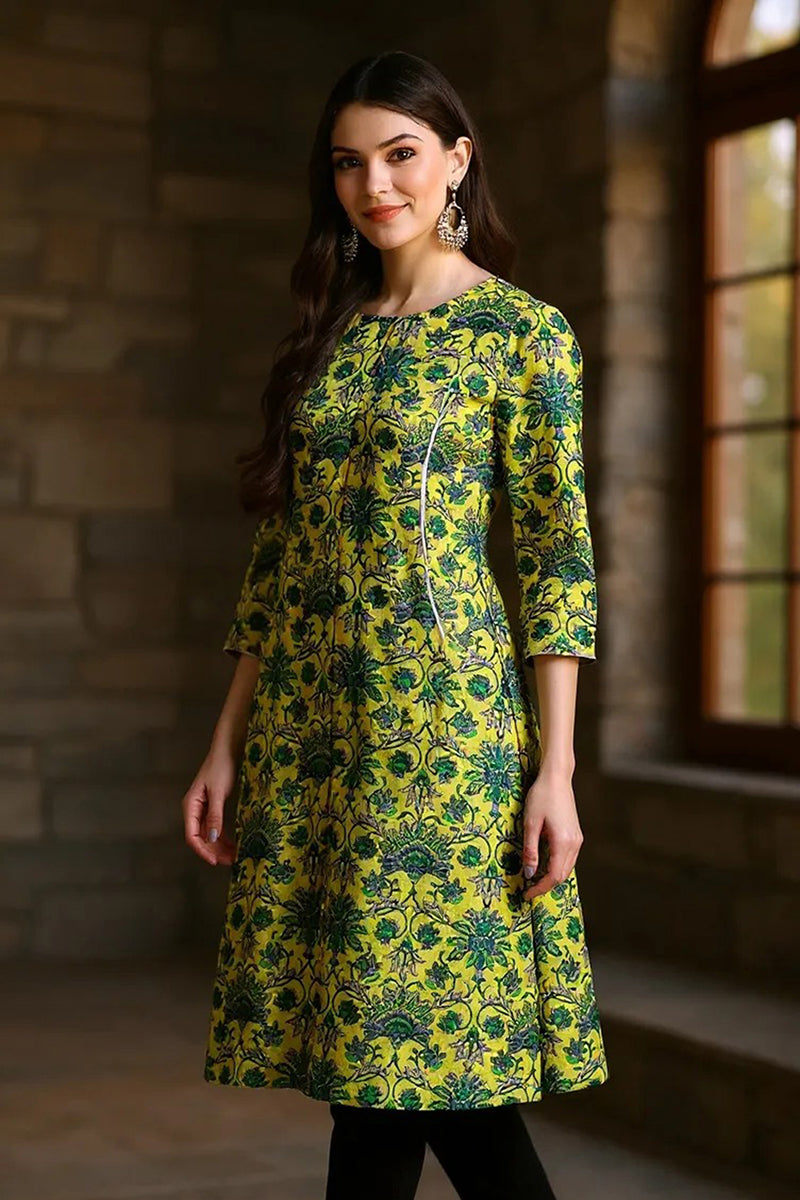 Women Cotton Printed Simple Function Wear Green Kurti | SHOBITAM