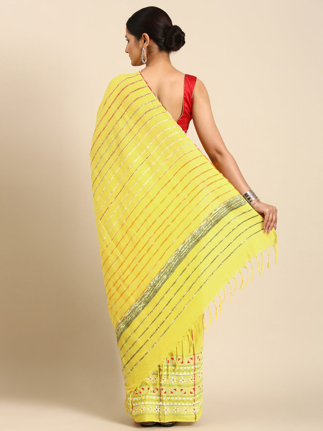 Yellow Khesh Kantha Cotton Saree | Shobitam