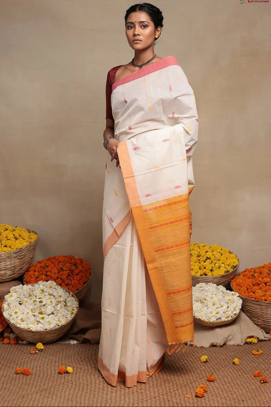 White Handloom Cotton Saree | Shobitam
