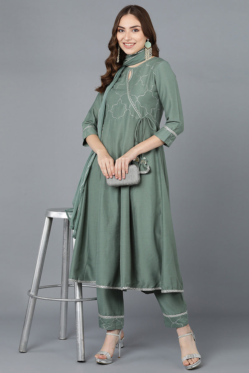 Teal Poly Silk Embroidered Kurta Trousers With Dupatta | SHOBITAM