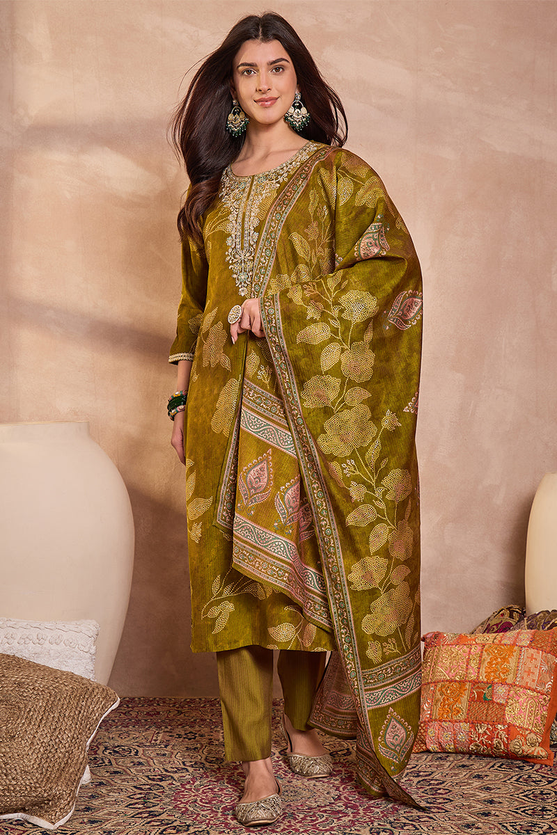 Green Silk Blend Floral Printed Straight Kurta Trouser With Dupatta | SHOBITAM