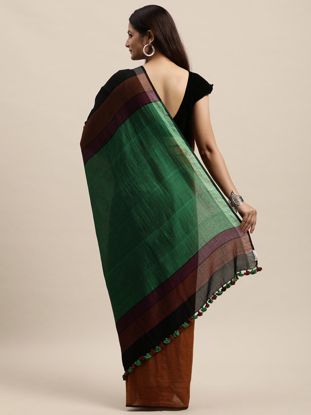 Colour block Cotton Saree with pompoms | Shobitam