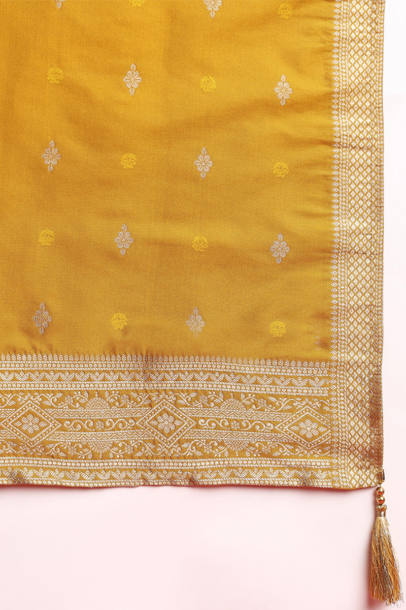 Mustard Yellow Silk Blend Ethnic Motifs Woven Design Straight Suit Set | SHOBITAM
