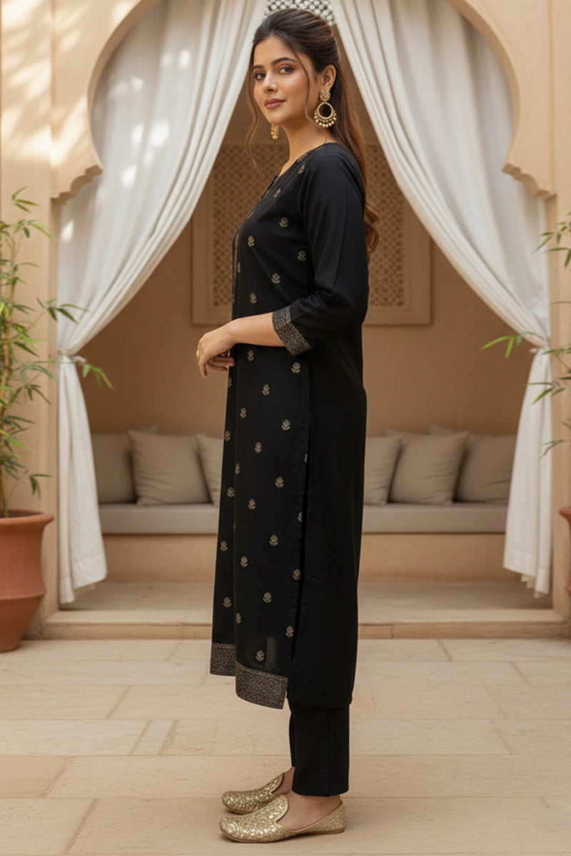 Black Silk Blend Ethnic Motifs Stoning Straight Kurta Trouser with Dupatta | SHOBITAM