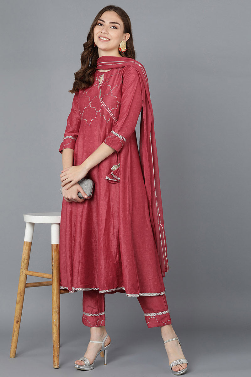 Women Red Poly Silk Embroidered Kurta Trousers With Dupatta | SHOBITAM