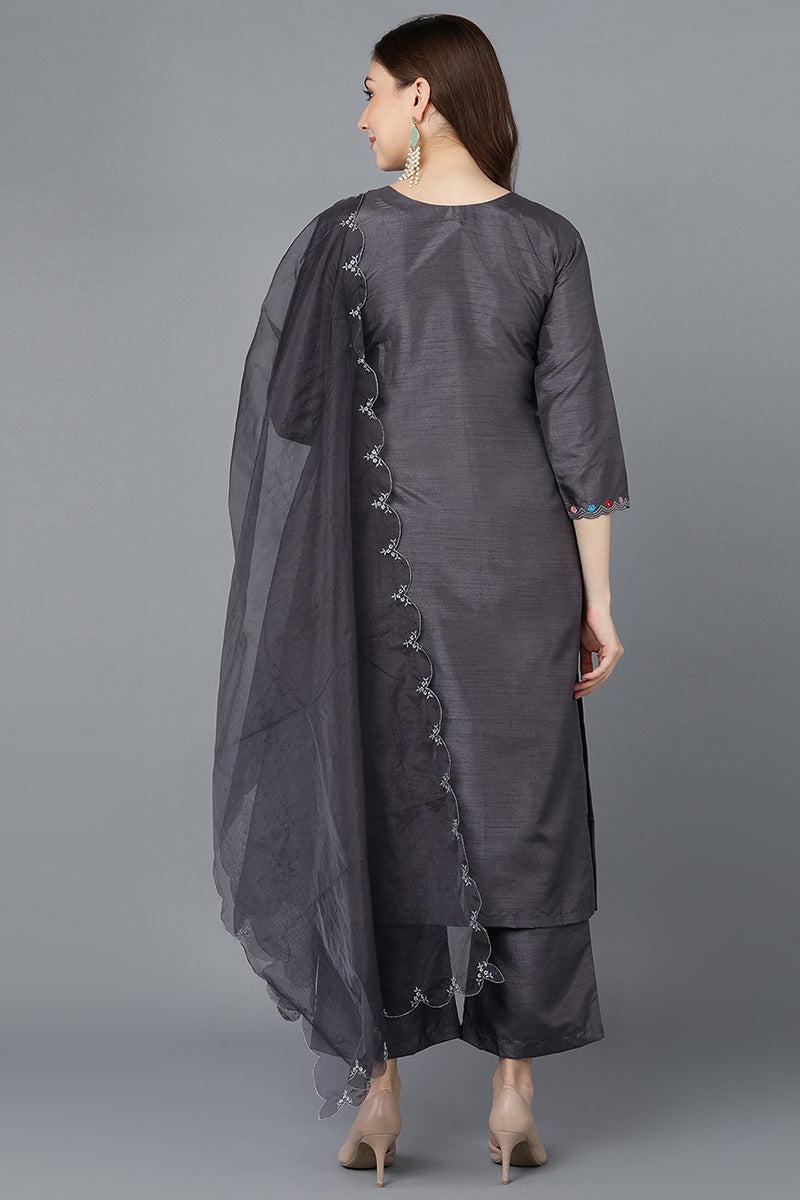 Women Charcoal Poly Silk Embroidered Kurta Trousers With Dupatta | SHOBITAM