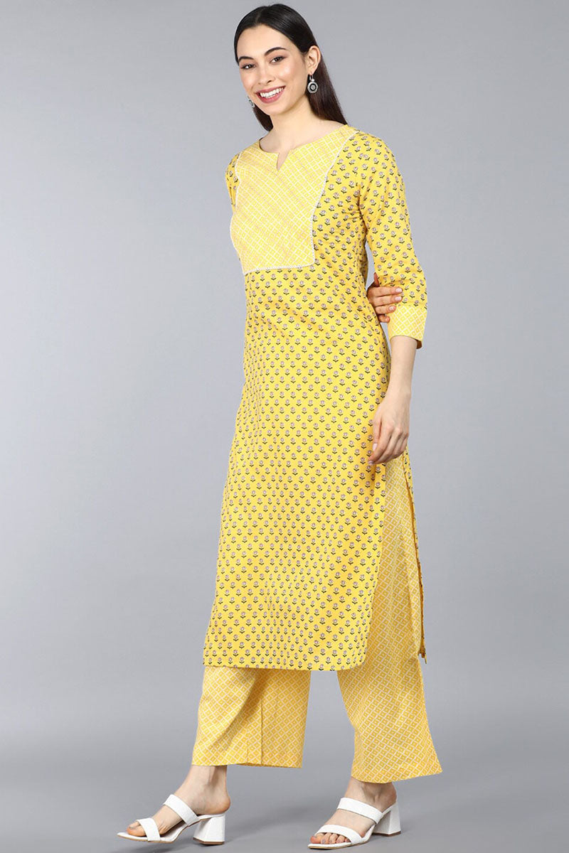 Yellow Pure Cotton Straight Kurta Pant With Dupatta | SHOBITAM