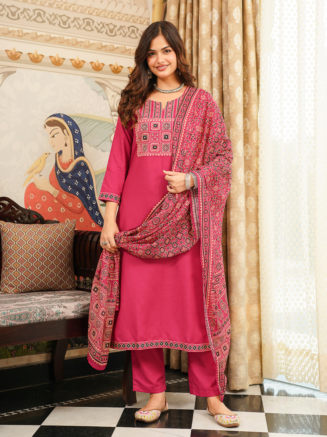 Pink Cotton Blend Ajrakh Printed Straight Kurta Trousers With Dupatta | SHOBITAM