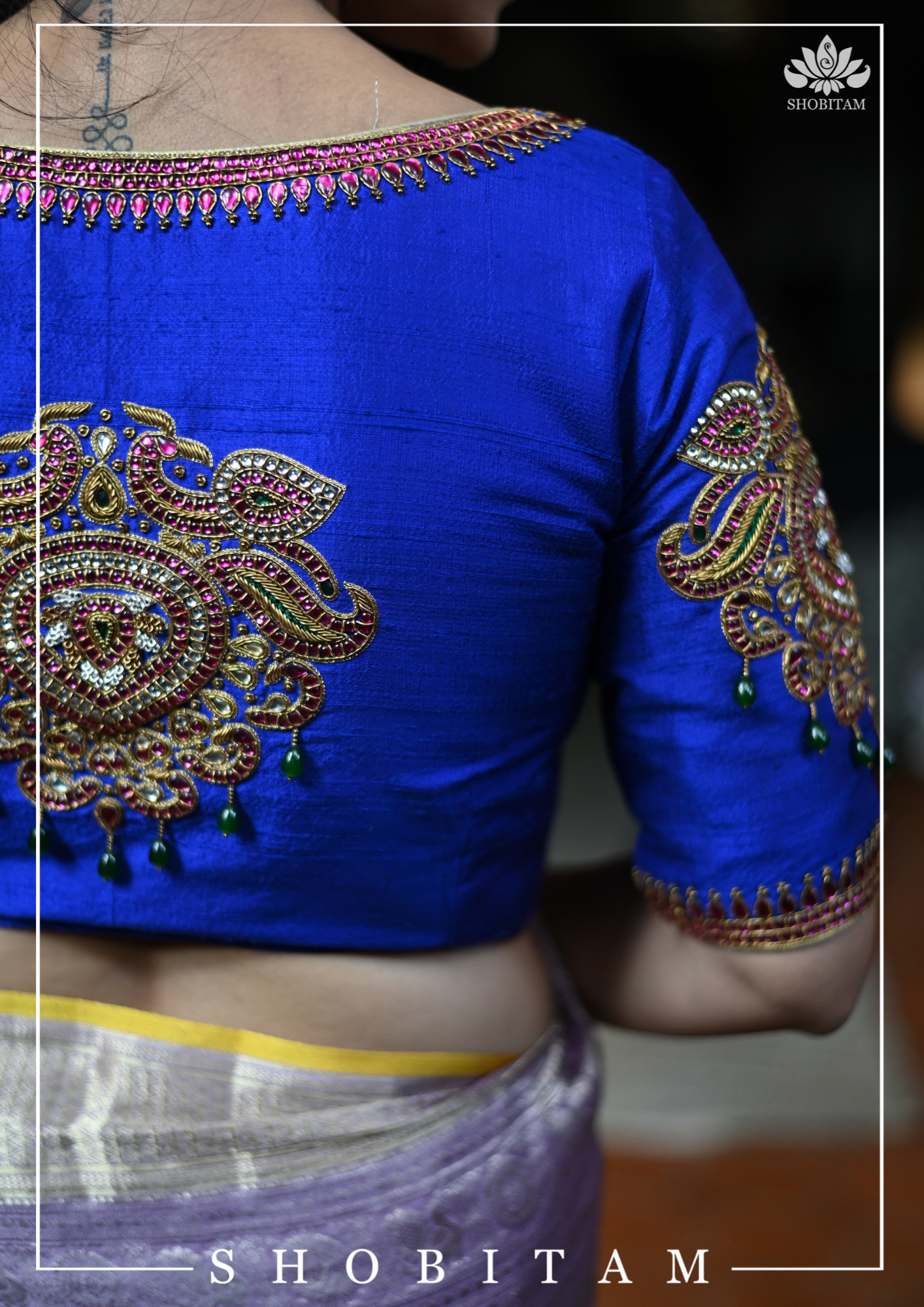 Made to Measure: Ultramarine blue raw silk sweetheart neck blouse | Shobitam