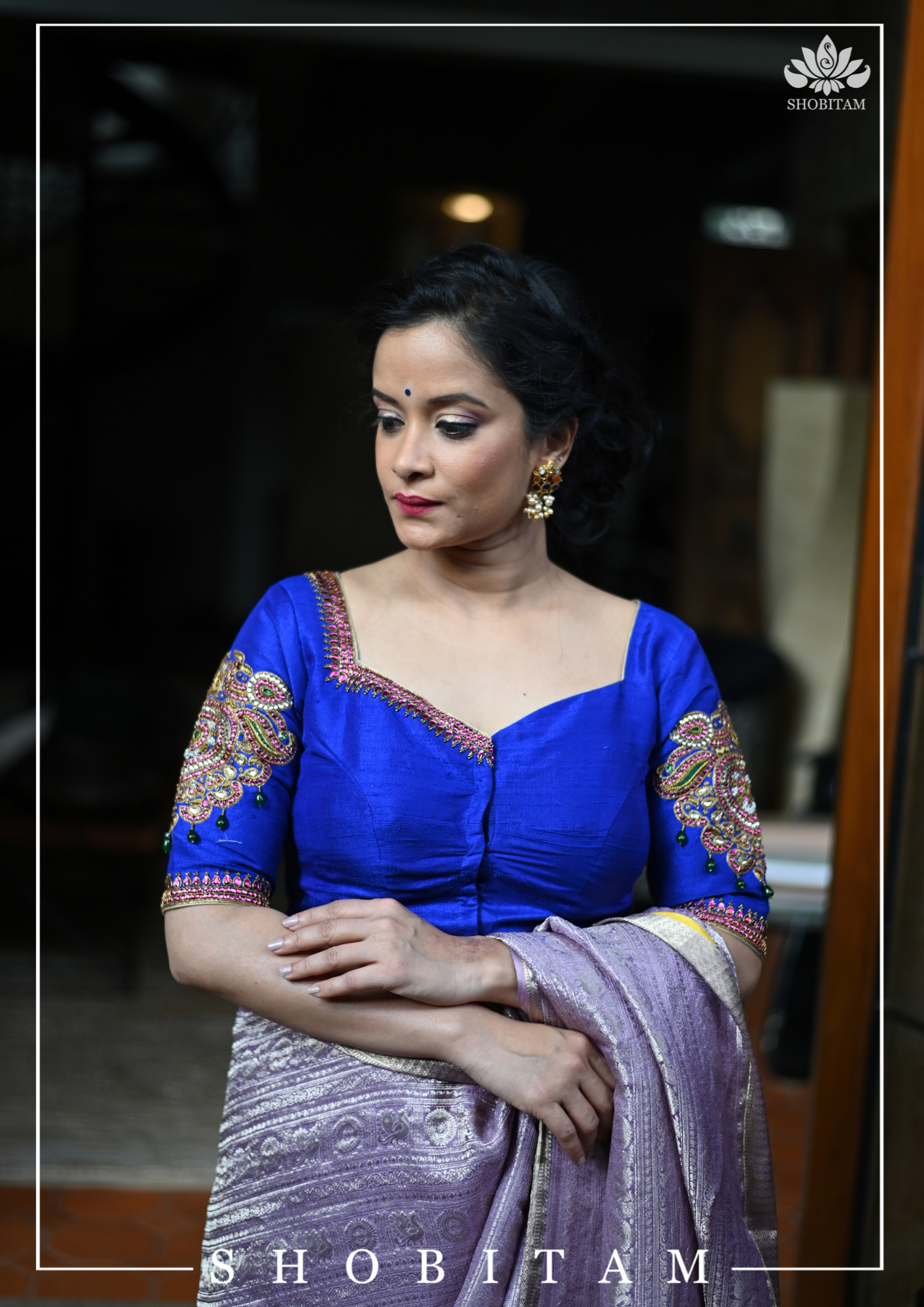 Made to Measure: Ultramarine blue raw silk sweetheart neck blouse | Shobitam