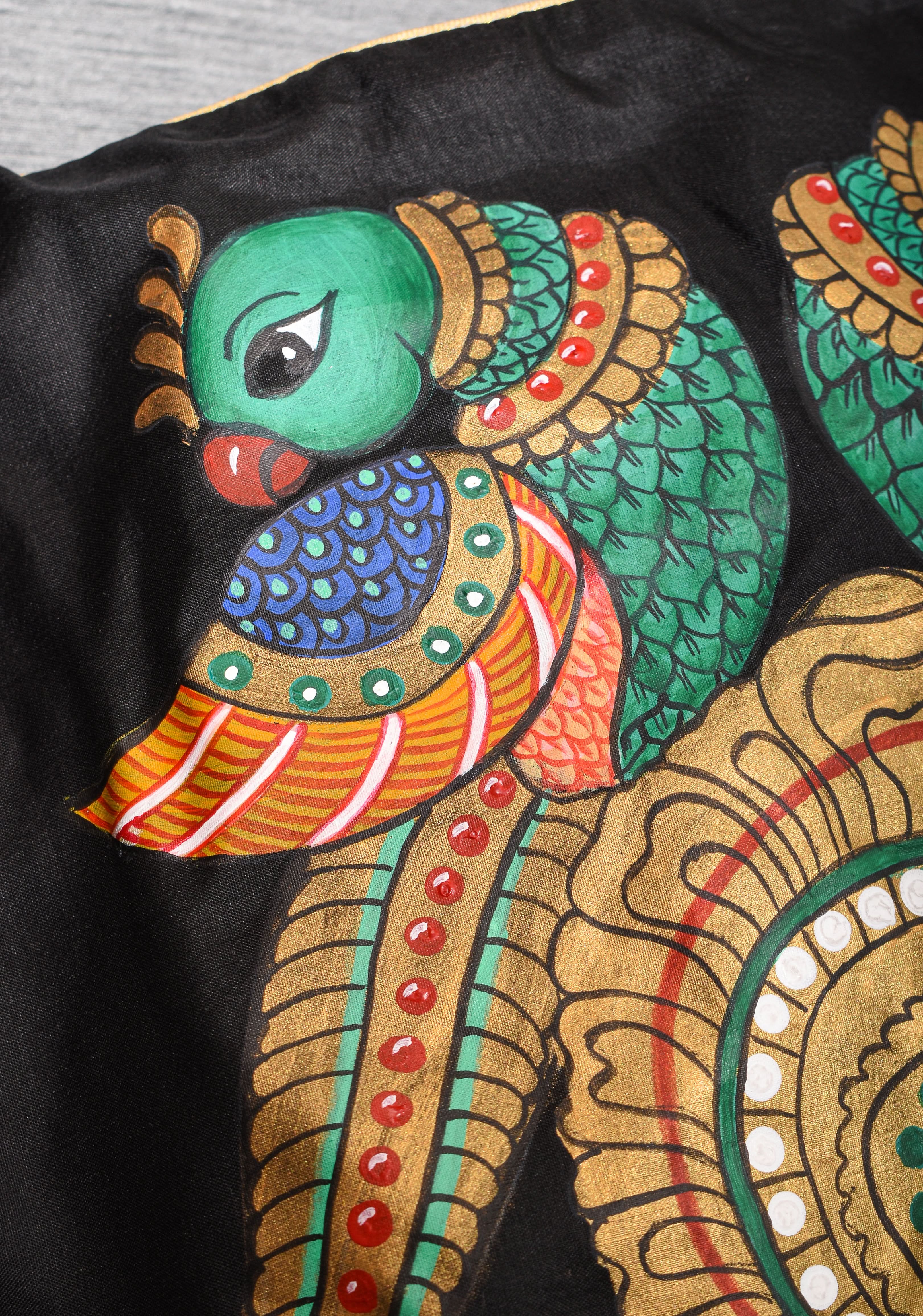 Tanjore Parrots - pure Silk blouse with Tanjore Style Hand painting, Color Customizable. | Shobitam