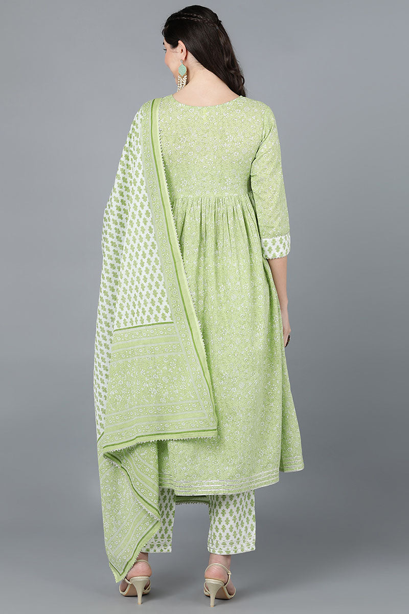 Light Green Cotton Flared Kurta Pant With Dupatta | SHOBITAM