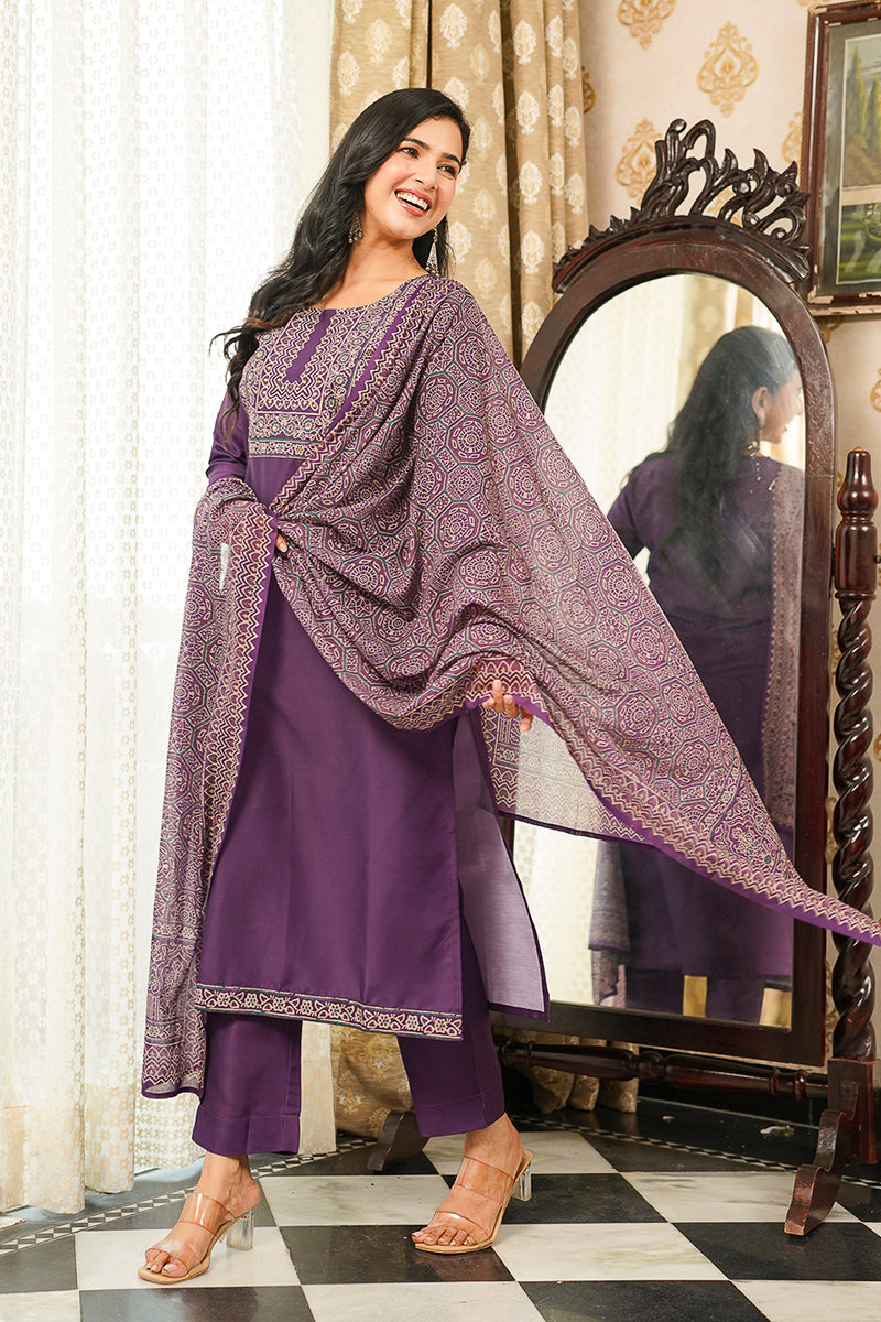Purple Cotton Blend Ajrakh Printed Straight Kurta Trousers With Dupatta | SHOBITAM