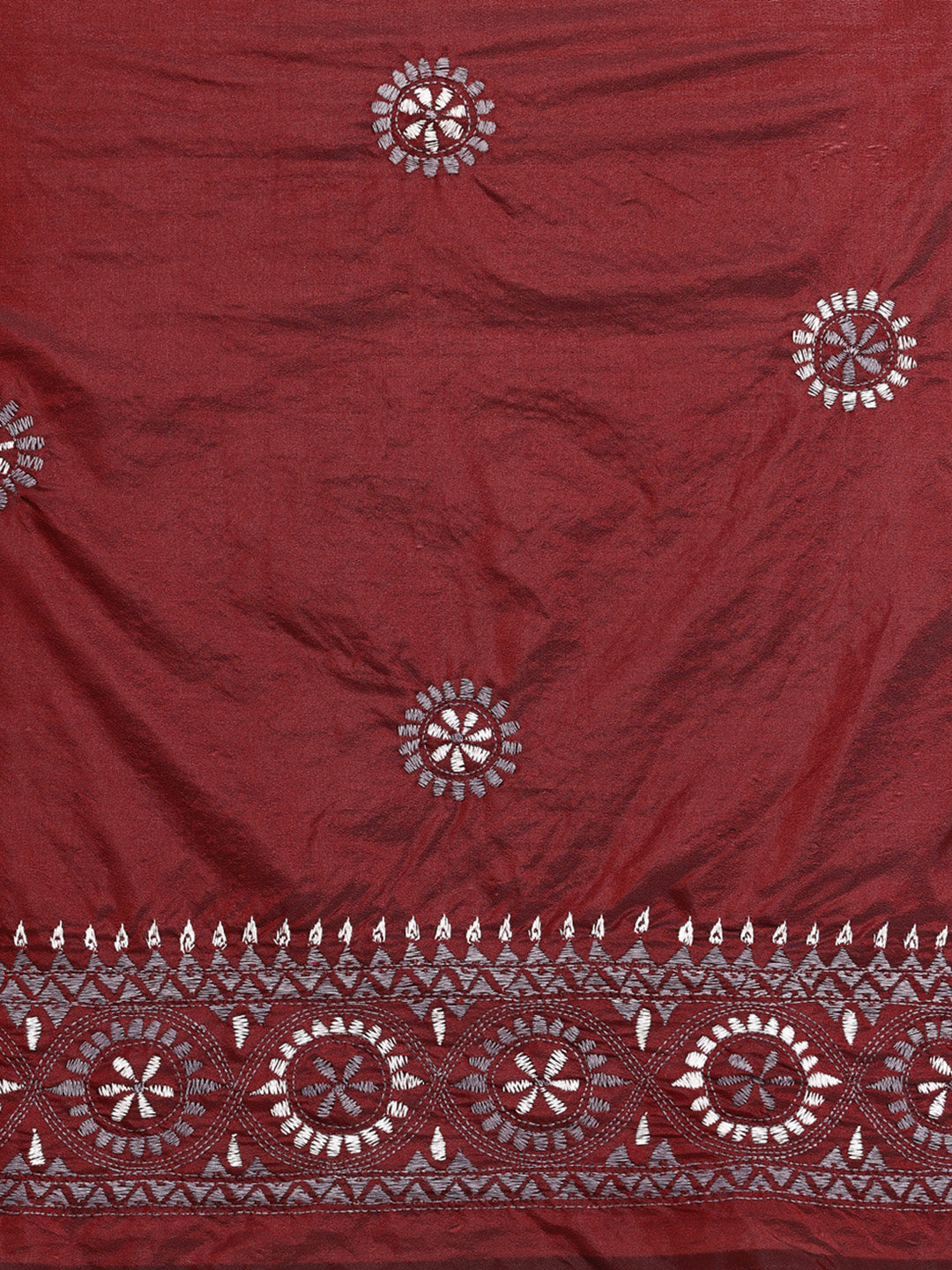 Maroon Grey Silk Kantha Saree with Blouse piece | SHOBITAM