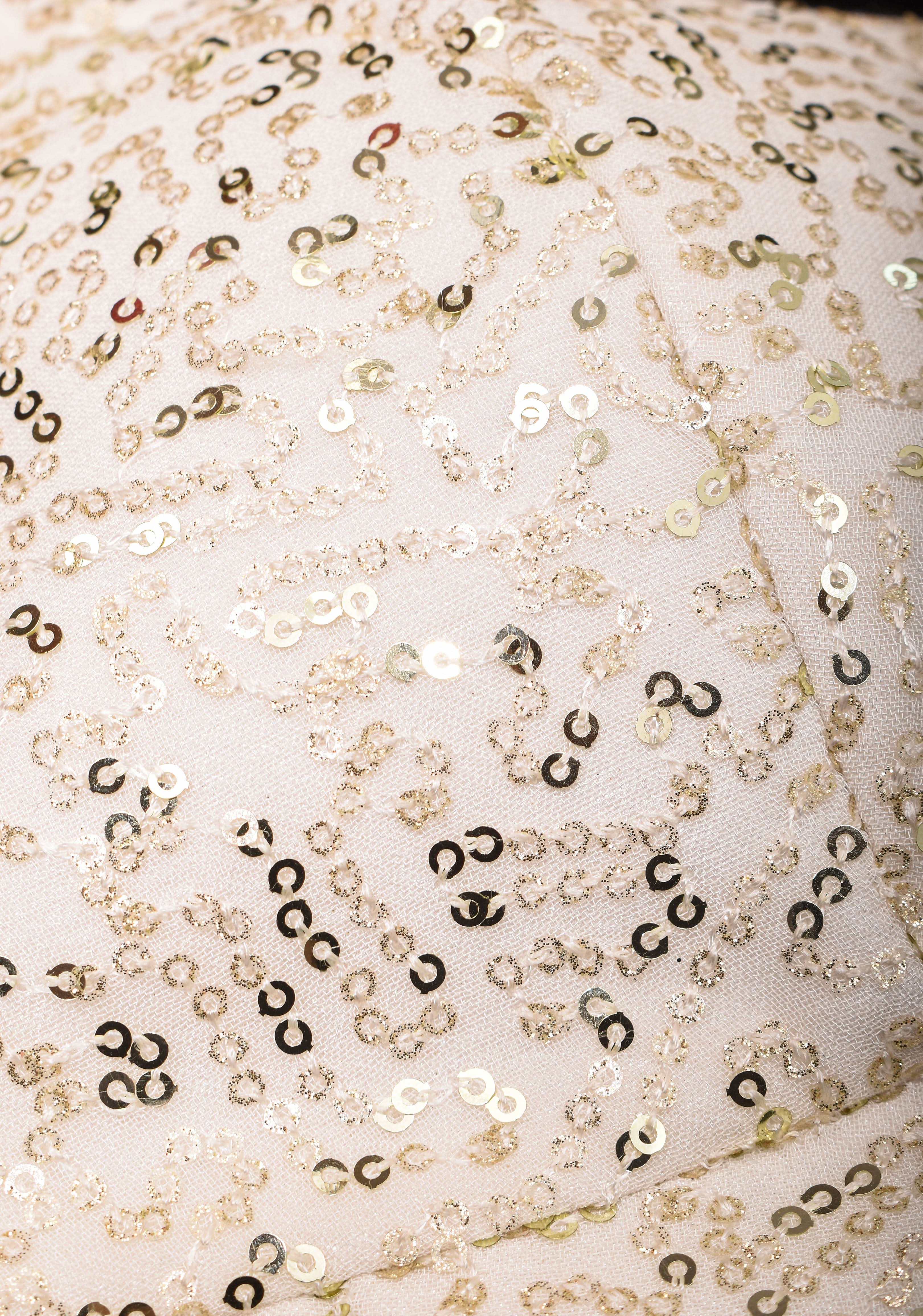 White and Gold Sequin on Net wide leaf neck sleeveless blouse, Made to Order | Shobitam
