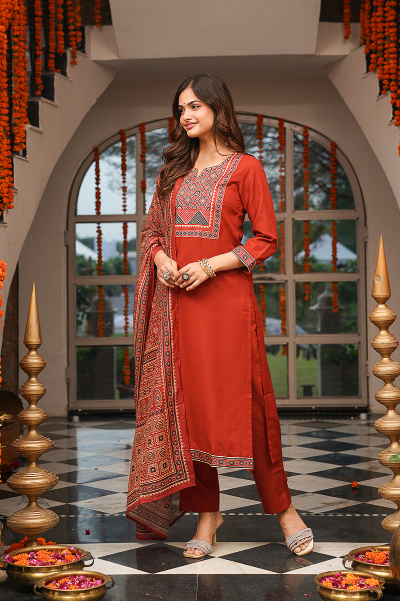 Brown Cotton Blend Ajrakh Printed Straight Kurta Trousers With Dupatta | SHOBITAM