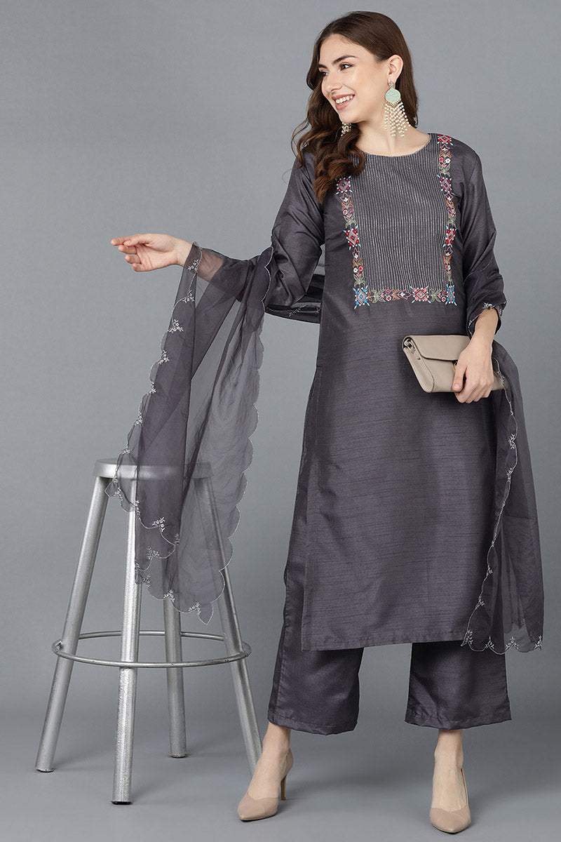 Women Charcoal Poly Silk Embroidered Kurta Trousers With Dupatta | SHOBITAM