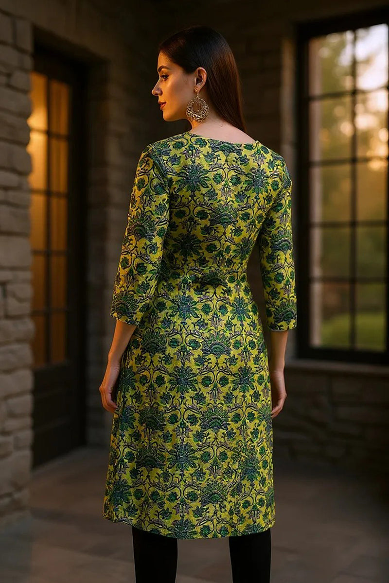 Women Cotton Printed Simple Function Wear Green Kurti | SHOBITAM