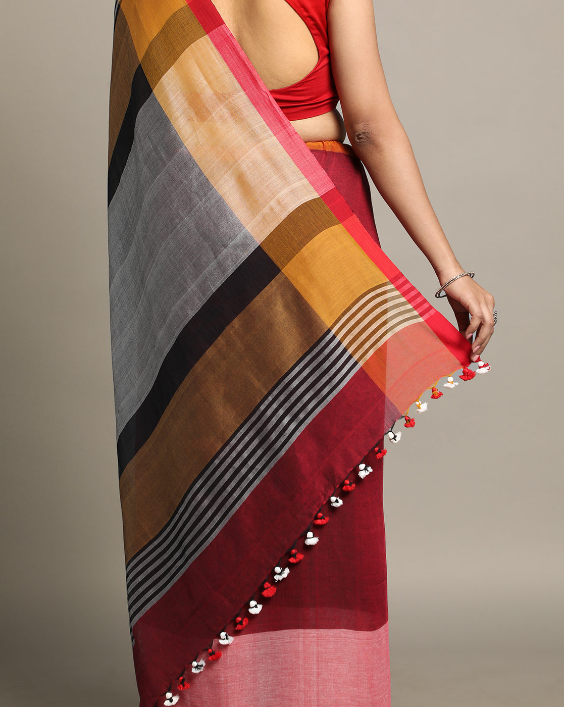 Handloom Colour block Cotton Saree with pompoms | Shobitam