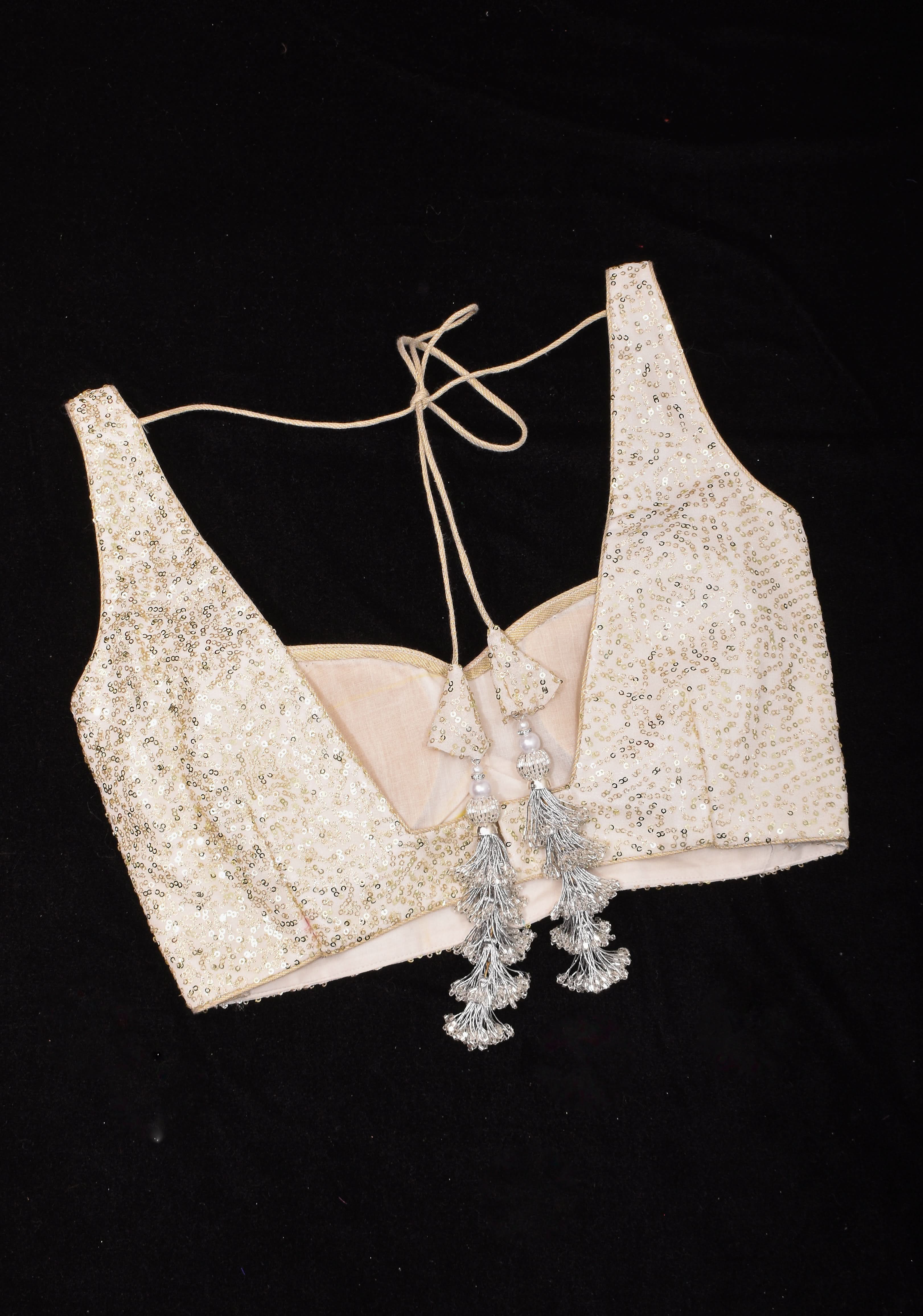 White and Gold Sequin on Net wide leaf neck sleeveless blouse, Made to Order | Shobitam