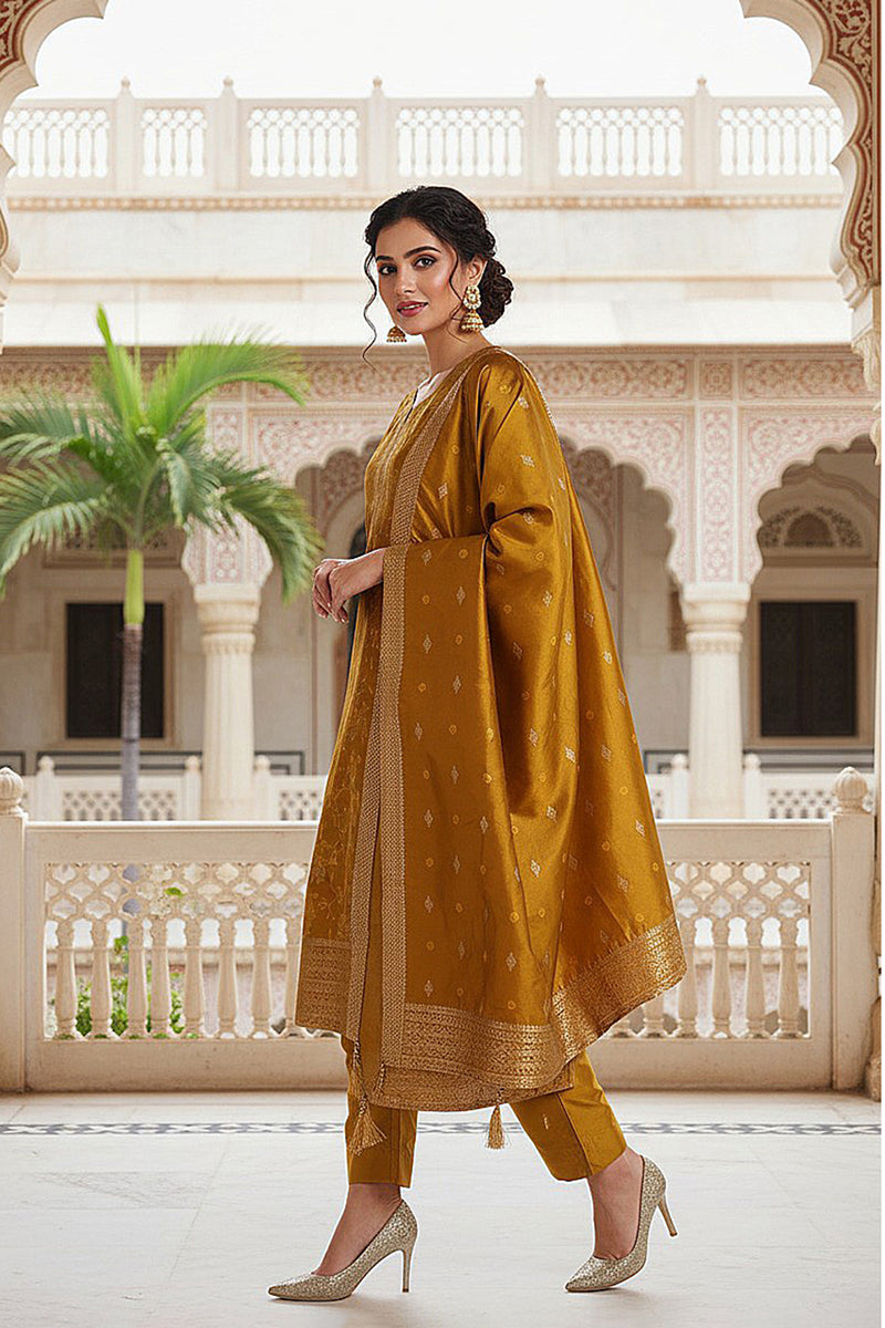 Mustard Yellow Silk Blend Ethnic Motifs Woven Design Straight Suit Set | SHOBITAM