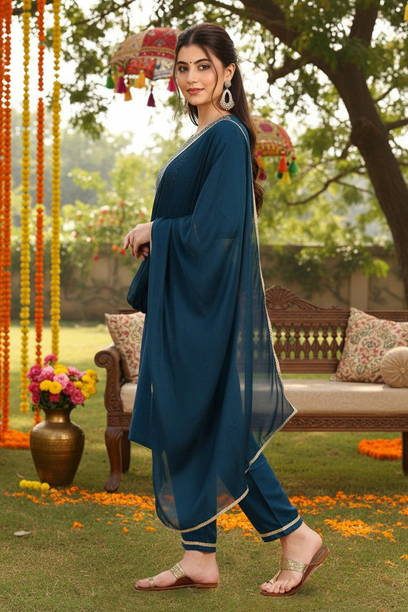 Silk Blend Teal Embroidered Straight Kurta Pant With Dupatta | SHOBITAM