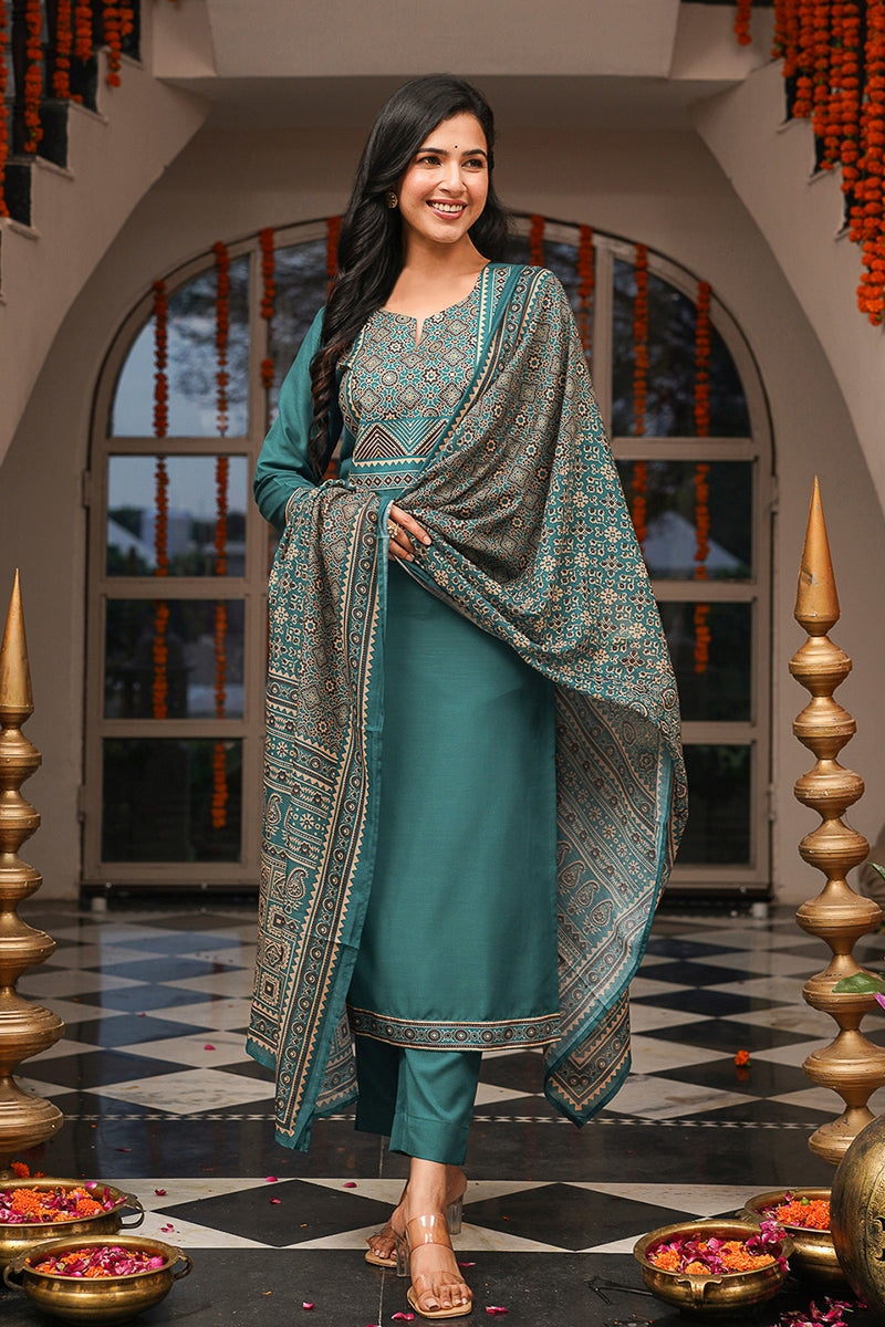 Teal Rayon Blend Ajrakh Printed Straight Kurta Trousers With Dupatta | SHOBITAM