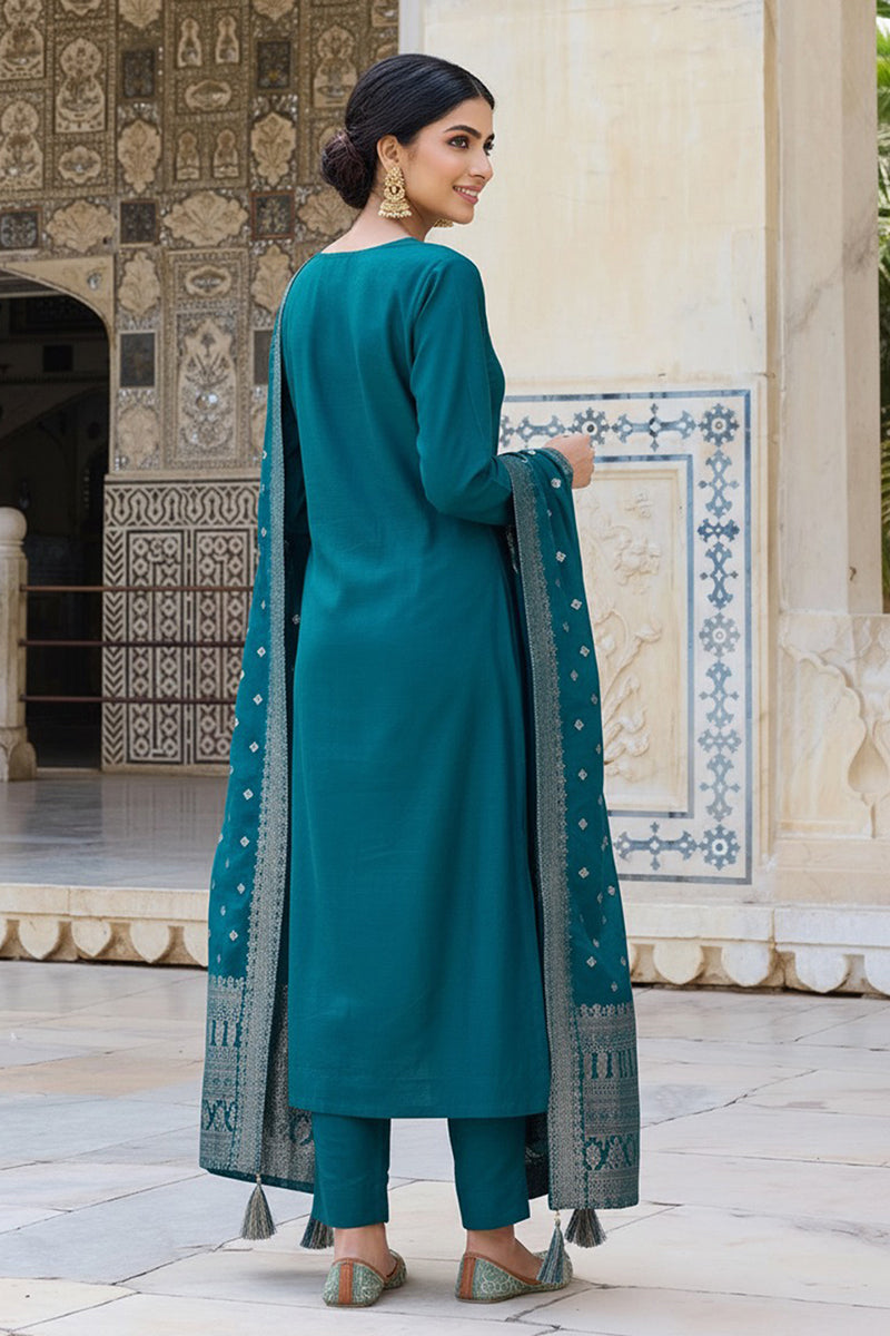 Teal Blue Poly Chanderi Solid Woven Design Straight Trouser Suit Set | SHOBITAM