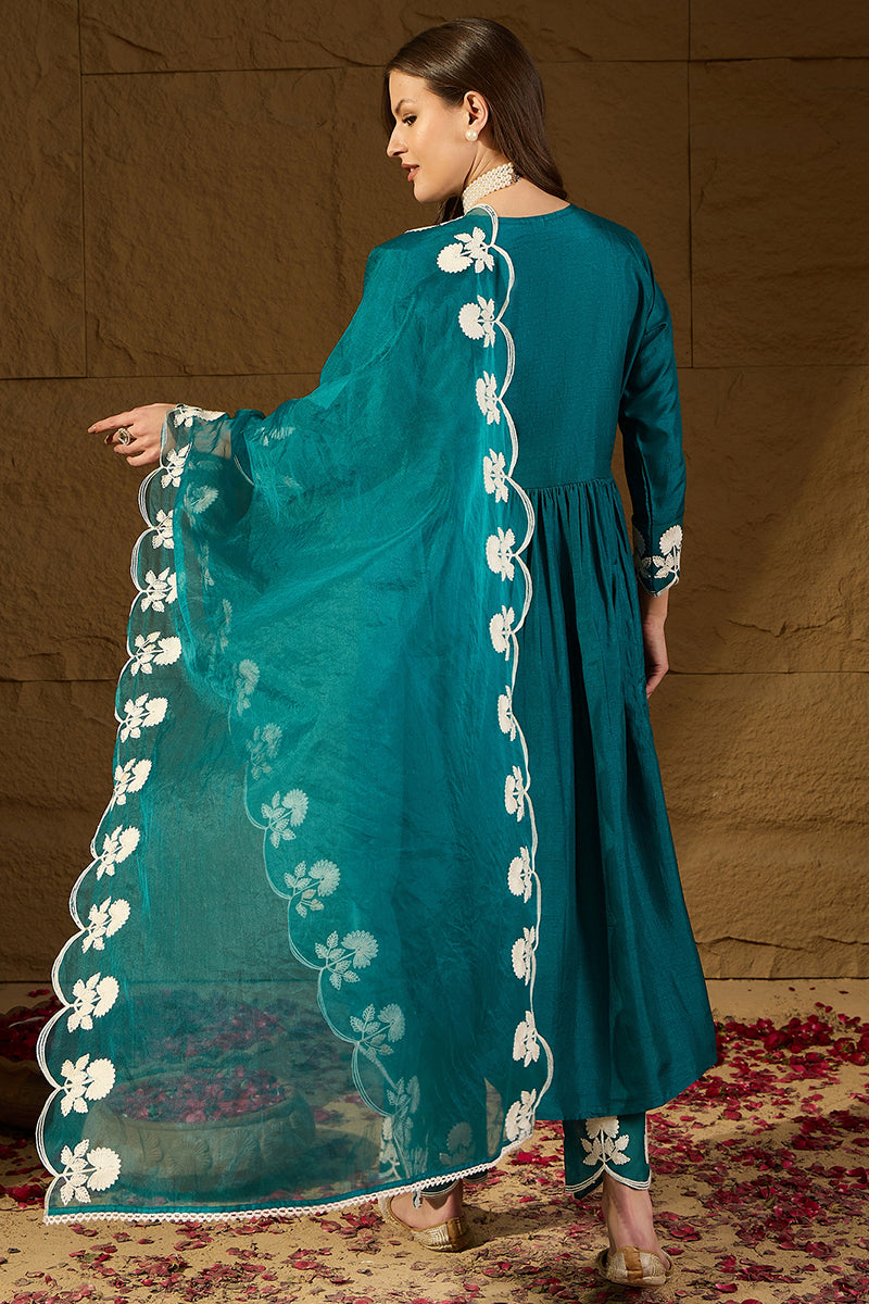 Teal Silk Blend Solid Embroidered A-Line Kurta Trouser With Dupatta | SHOBITAM
