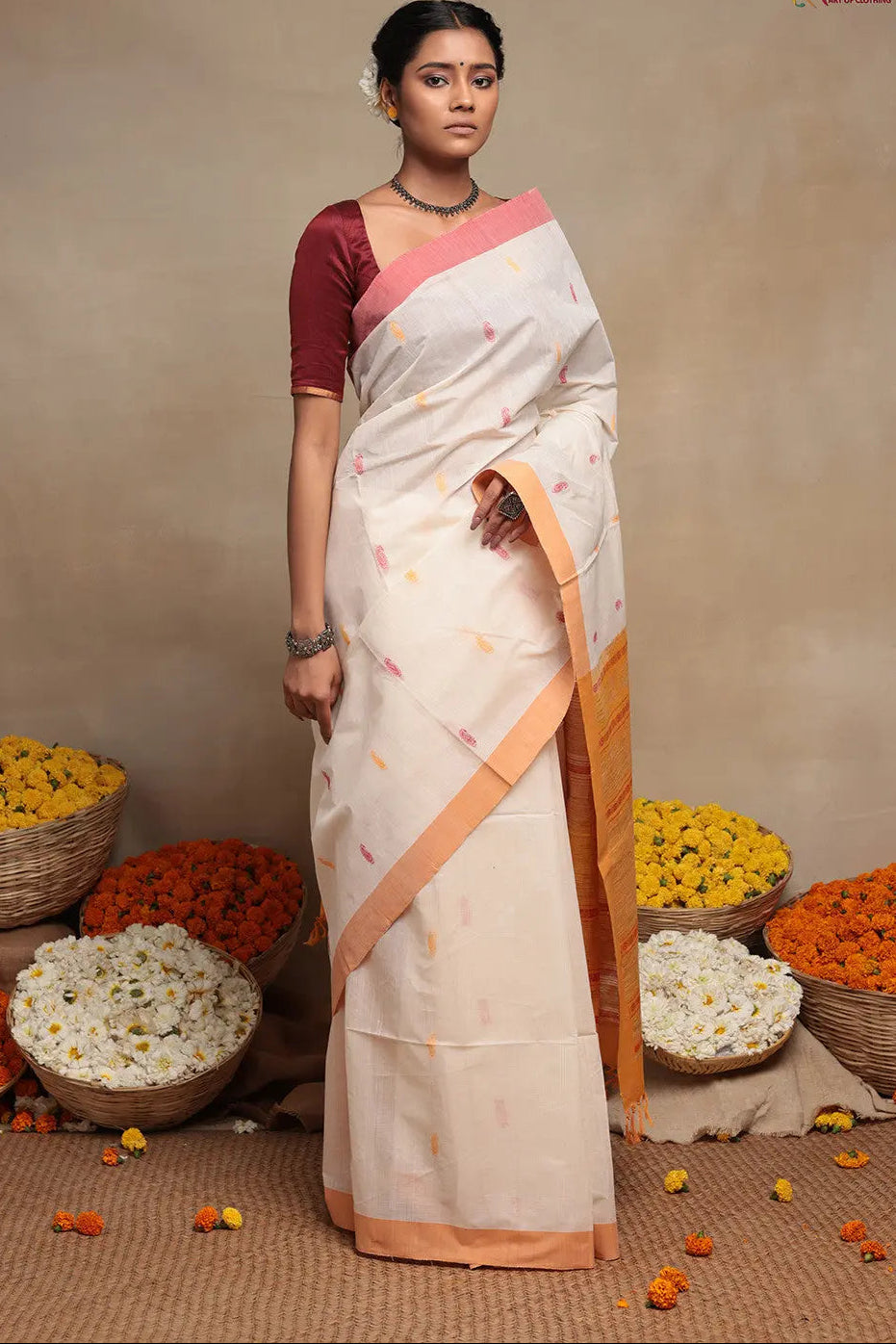White Handloom Cotton Saree | Shobitam