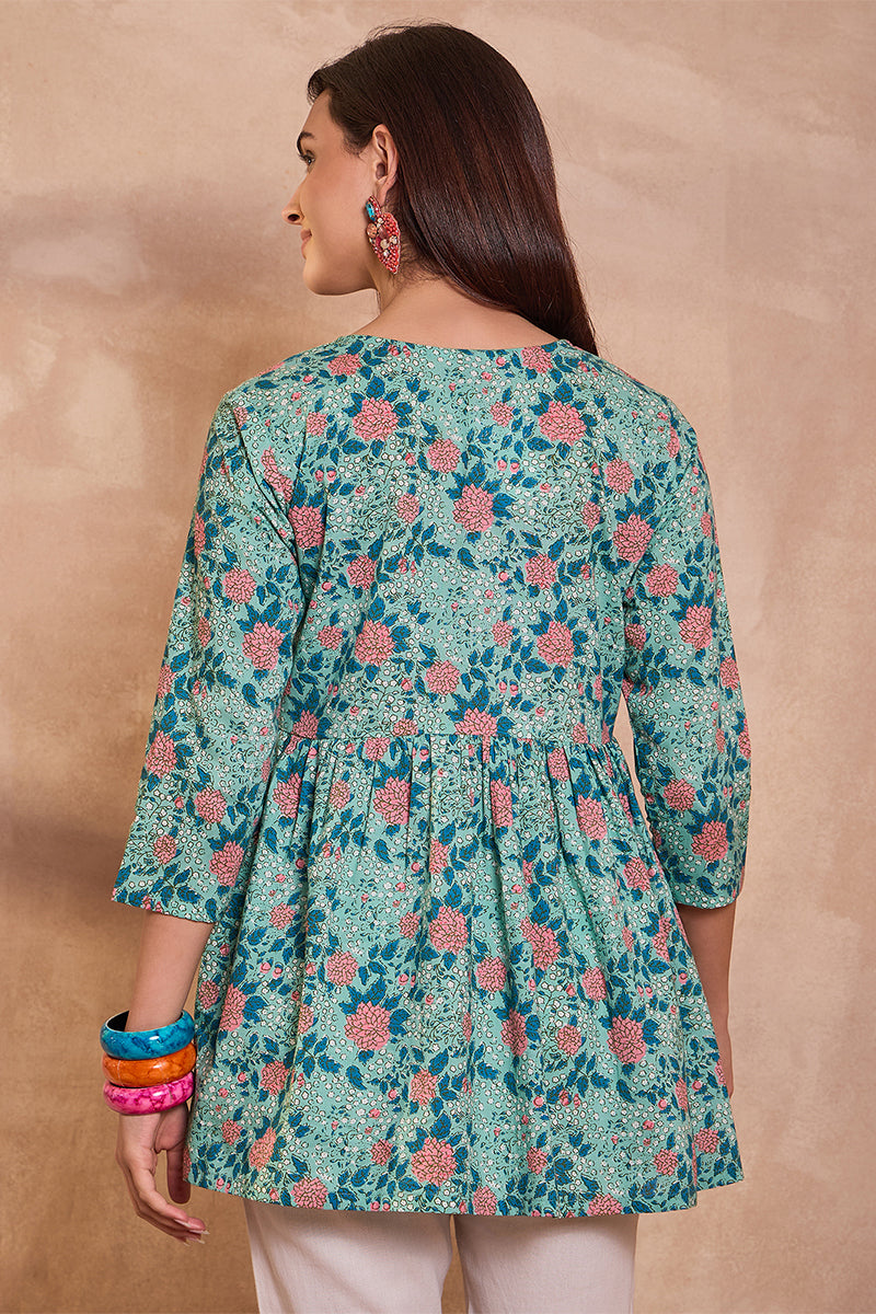 Cotton Blend Blue Floral Regular Tops | SHOBITAM
