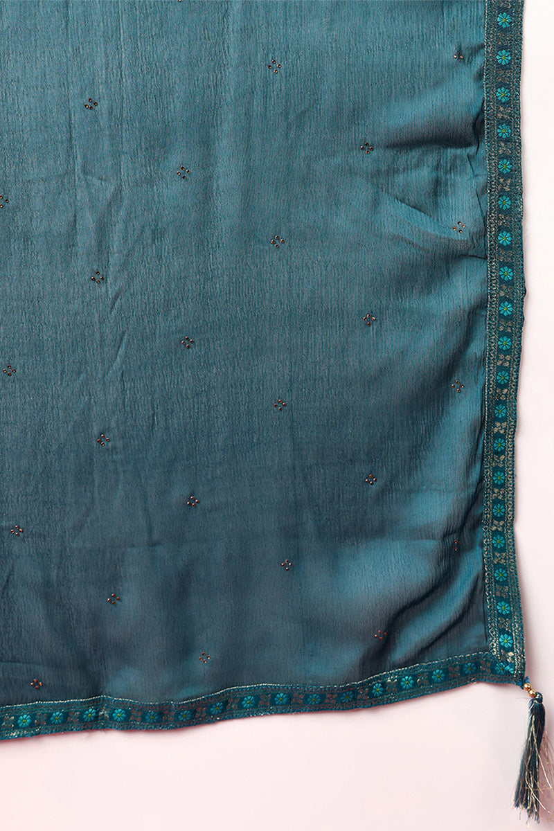 Teal Silk Blend Ethnic Motifs Woven Design Straight Suit Set | SHOBITAM
