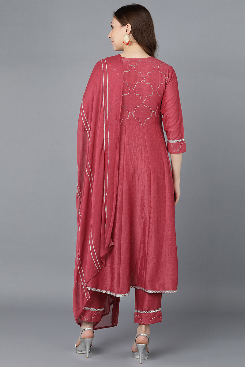 Women Red Poly Silk Embroidered Kurta Trousers With Dupatta | SHOBITAM