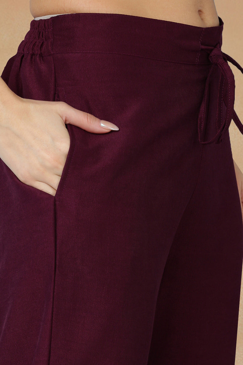 Burgundy Silk Blend Solid Straight Kurta Trousers With Dupatta | SHOBITAM