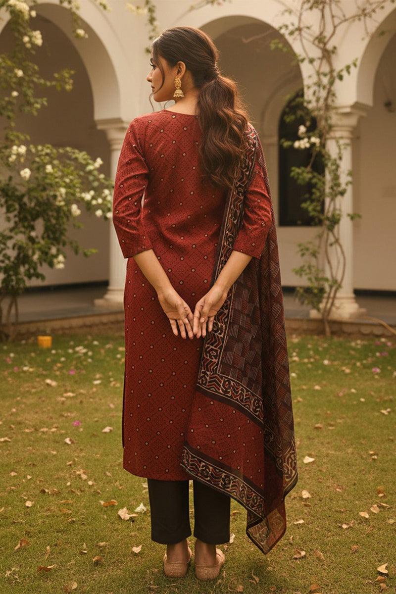 Red Cotton Blend Geometric Printed Straight Kurta Trousers With Dupatta | SHOBITAM