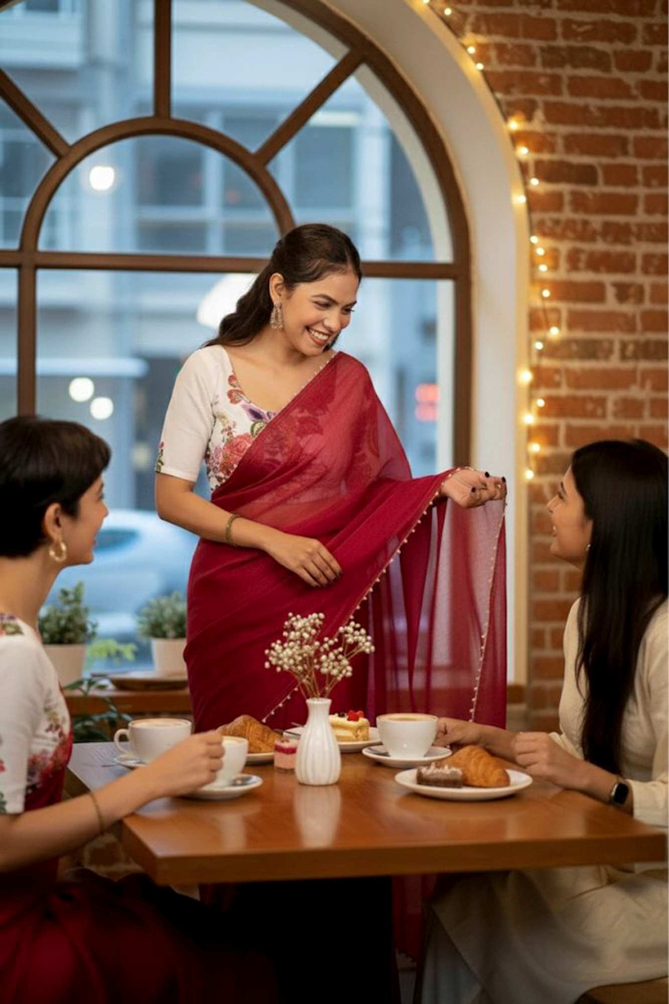 Beautiful Red Silk Crush Saree with Lace Trimmed Border & Full Stitched Kalamkari Print Handwork Blouse Wrap in 1 Minute Saree