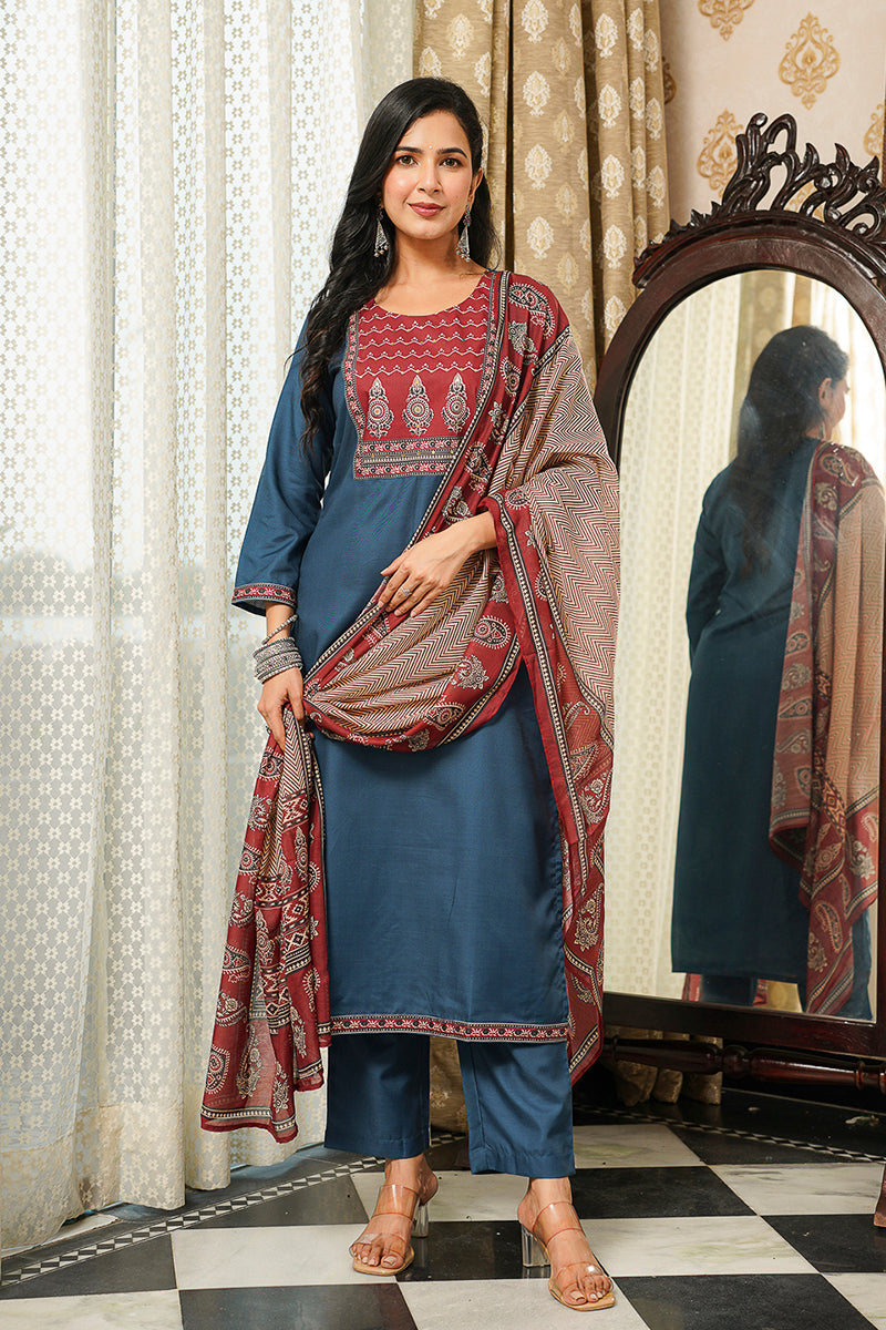 Blue Cotton Blend Ajrakh Printed Straight Kurta Trousers With Dupatta | SHOBITAM
