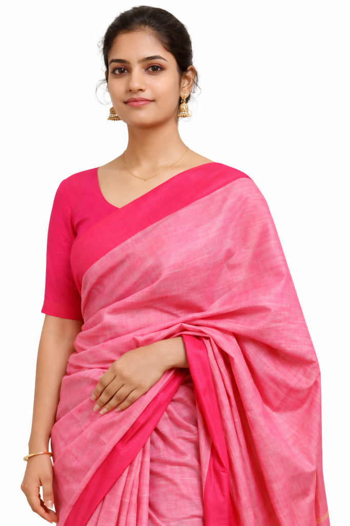 Blush Pink Pure cotton Saree with Yellow Stripes | SHOBITAM