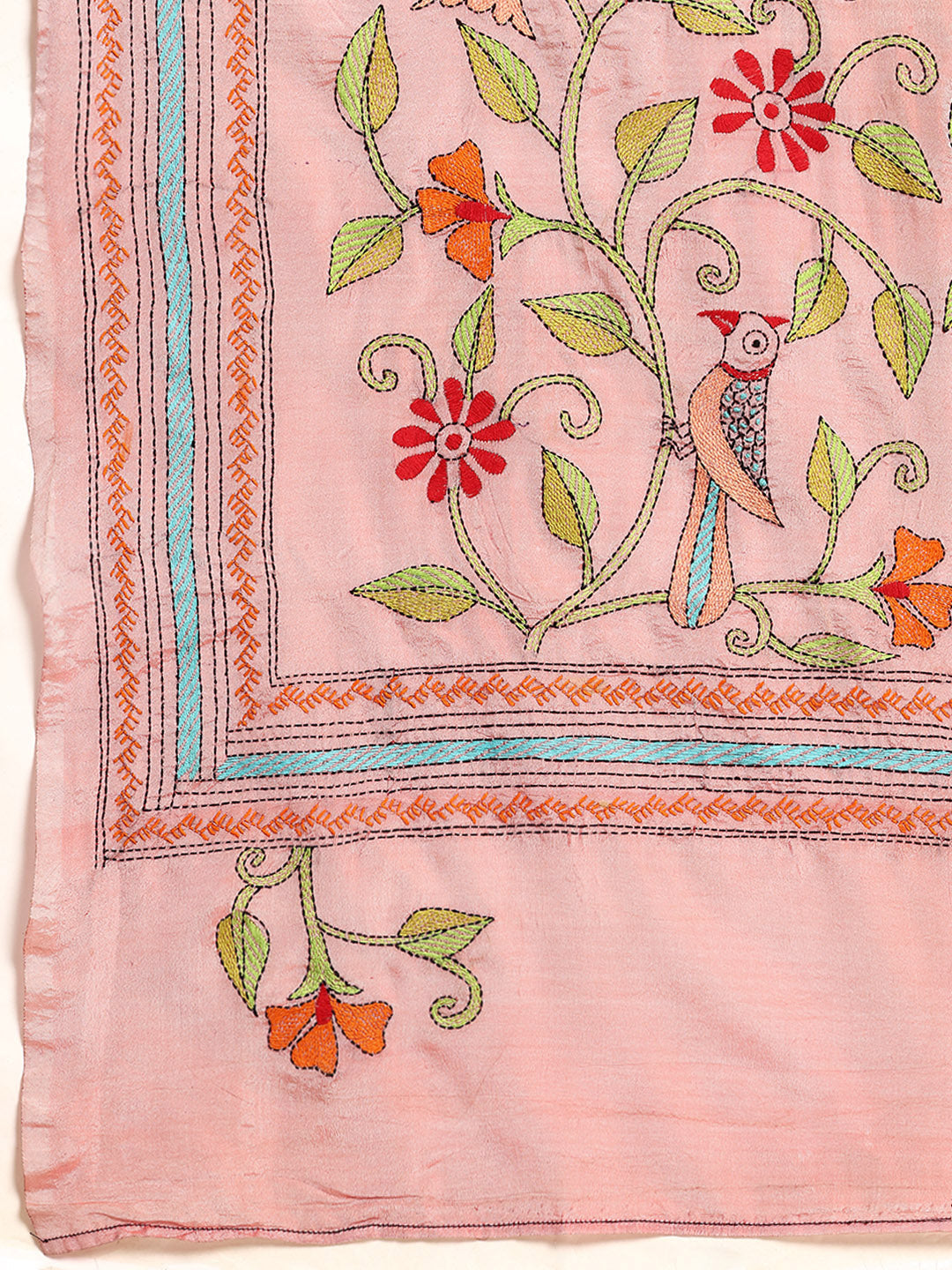 Light Pink Art Silk Kantha Stitch Saree With Blouse Piece | SHOBITAM