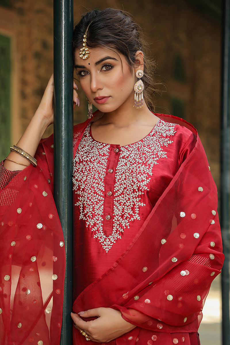 Maroon Poly Silk Solid Yoke Design Kurta Trousers With Dupatta | SHOBITAM
