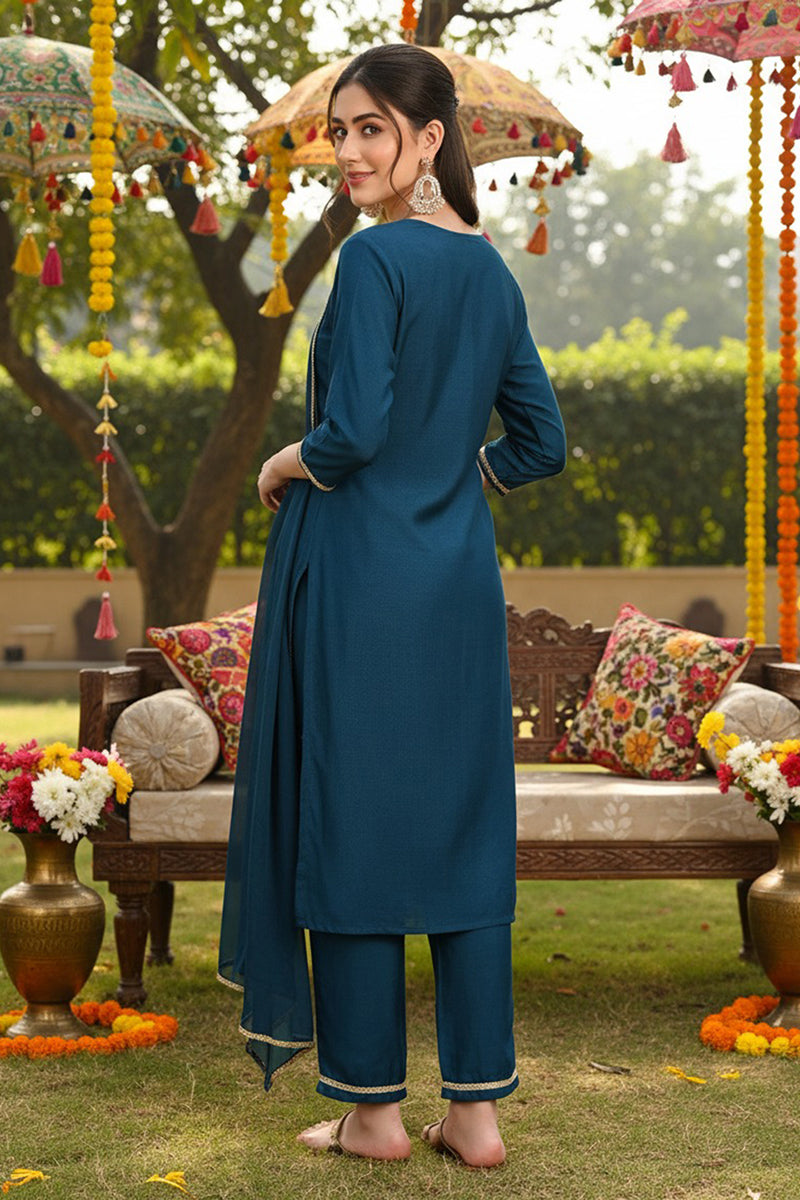Silk Blend Teal Embroidered Straight Kurta Pant With Dupatta | SHOBITAM