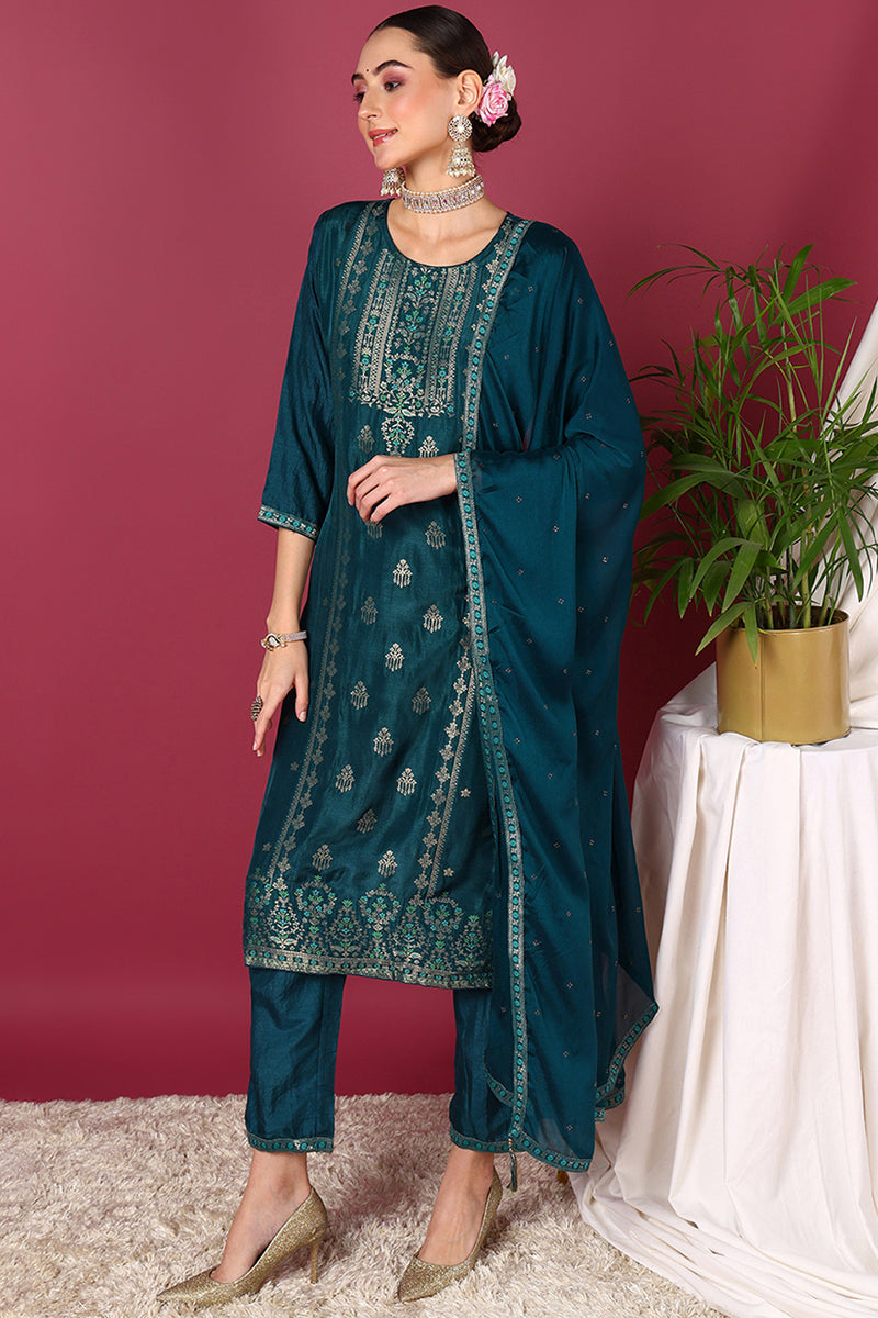 Teal Silk Blend Ethnic Motifs Woven Design Straight Suit Set | SHOBITAM