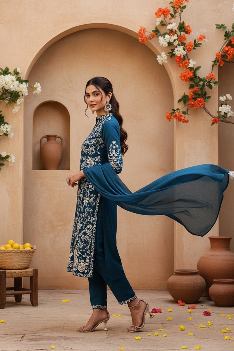 Teal Blue Silk Blend Solid Embroidered Straight Suit Set | SHOBITAM