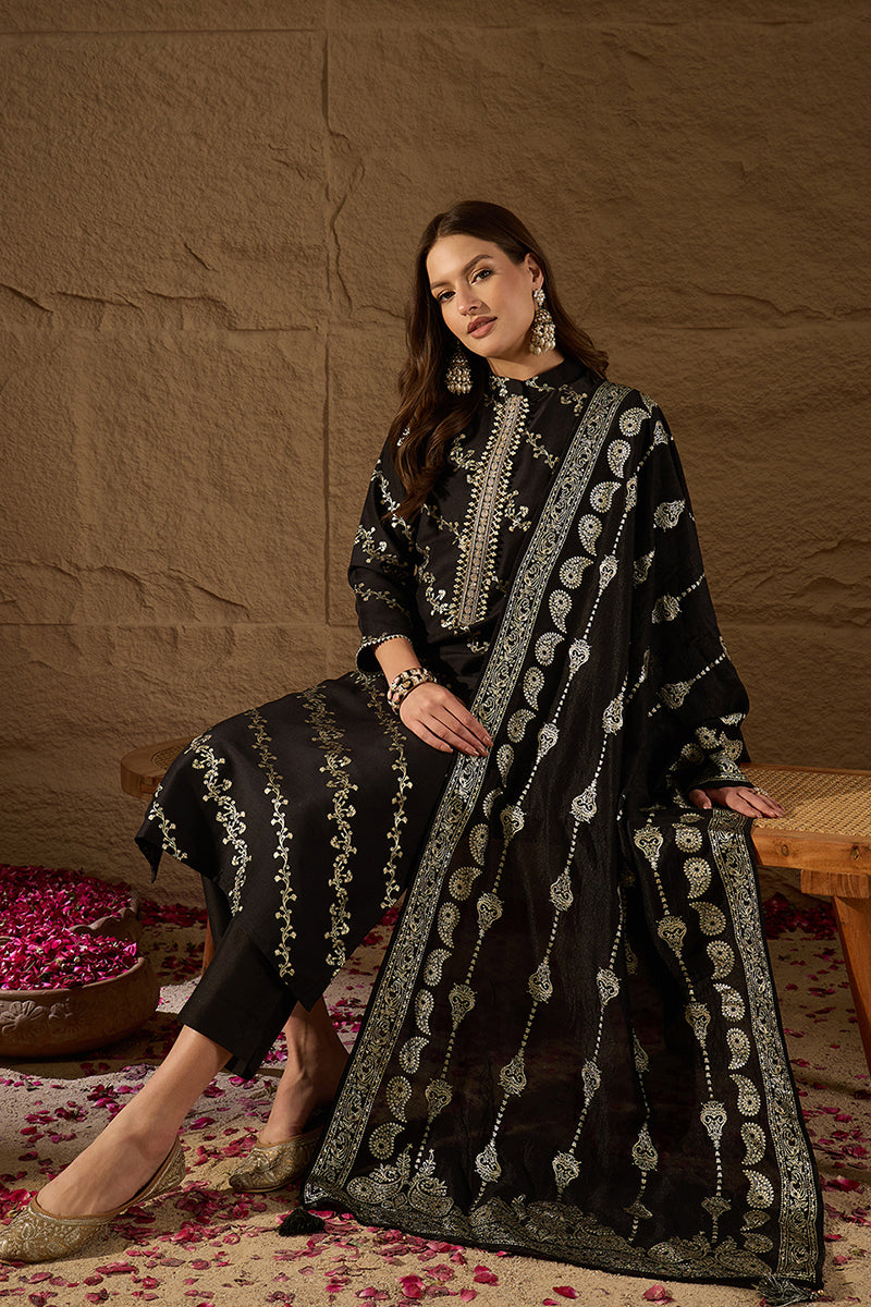 Black Silk Blend Ethnic Motifs Printed Straight Kurta Sets | SHOBITAM